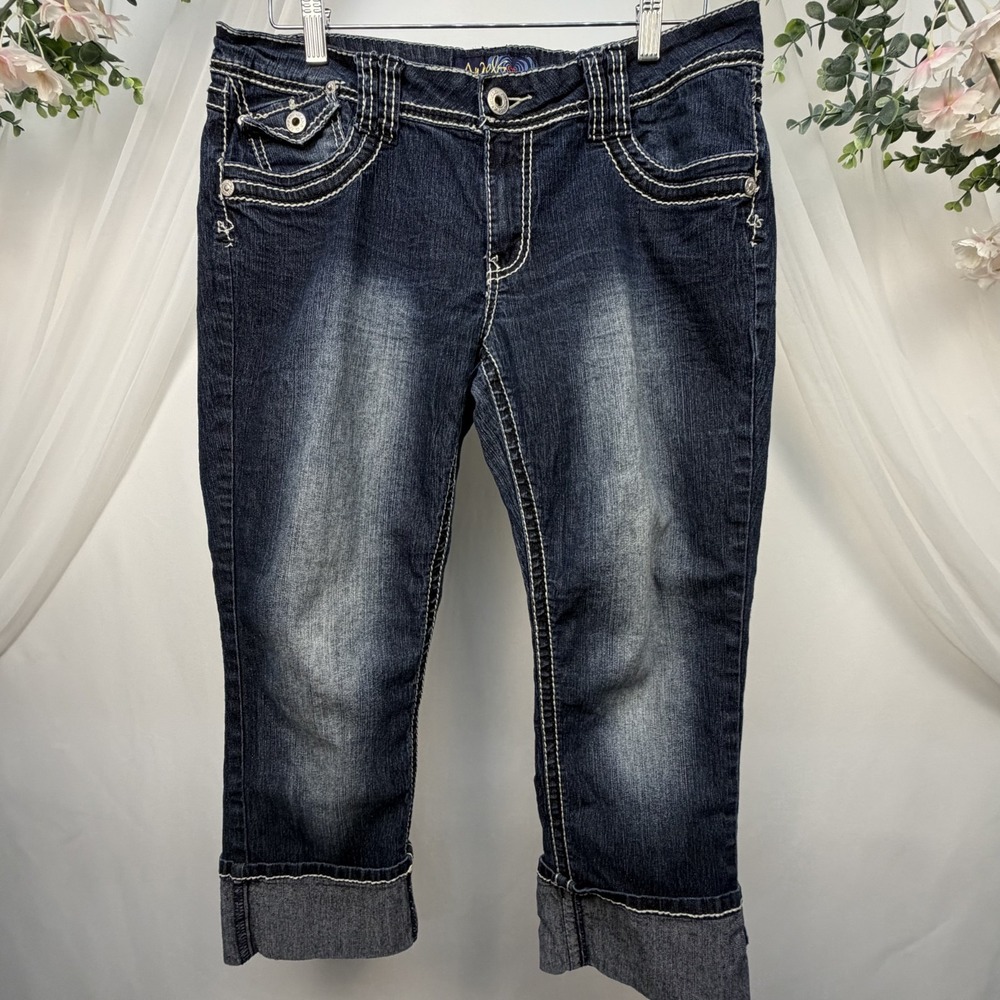 Angels Womens Blue Cotton Blend Pockets Zip Button Straight Jeans Capri Size 15